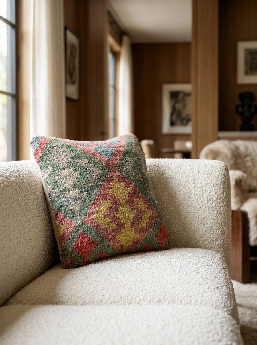 Kelim Kissen — Handgefertigt, 40x40 cm, Bunt, 100% Virgin Wool | Detail view