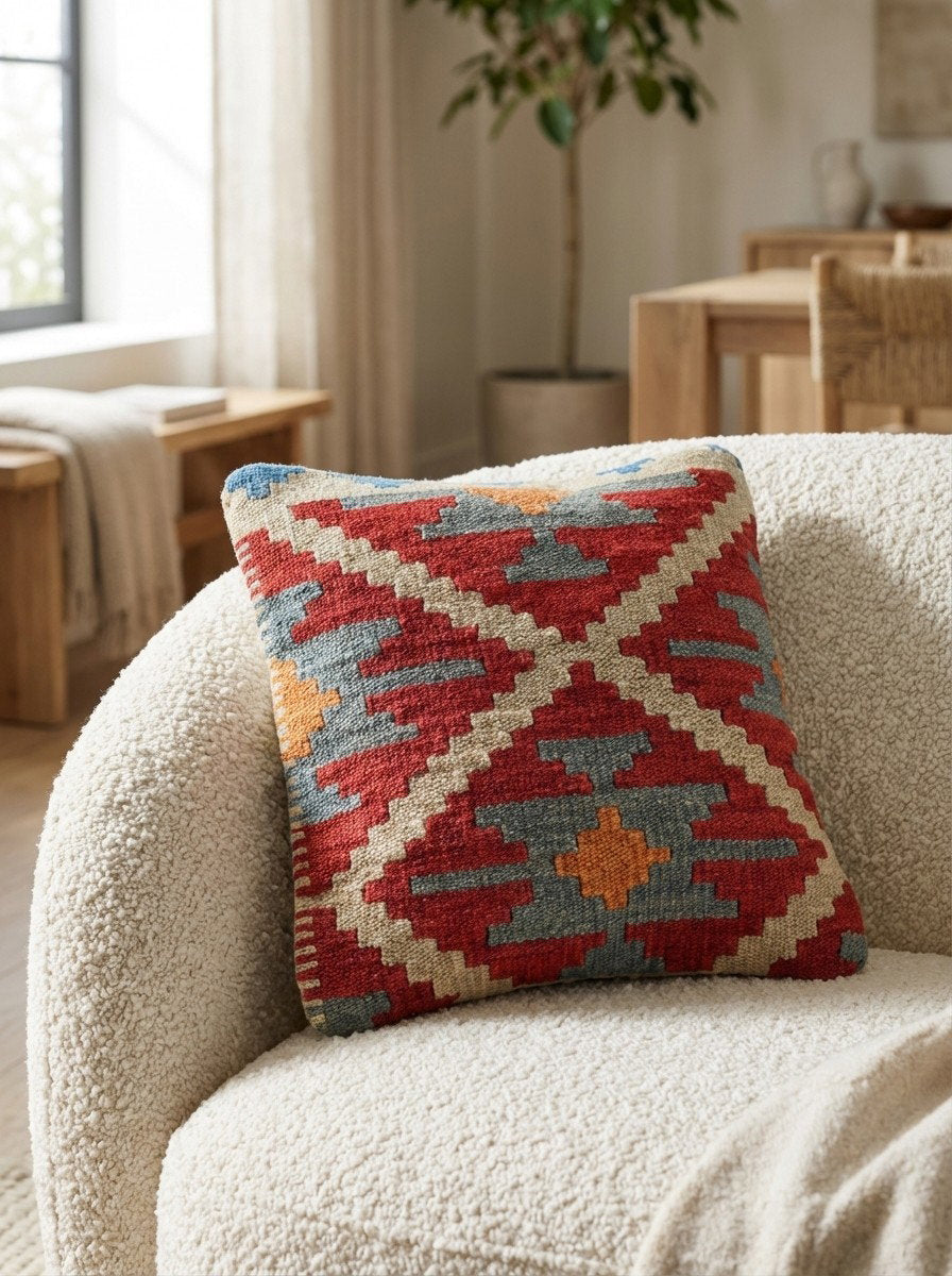 Kelim Kissen — Handgefertigt, 40x40 cm, Bunt, 100% Virgin Wool | Detail view