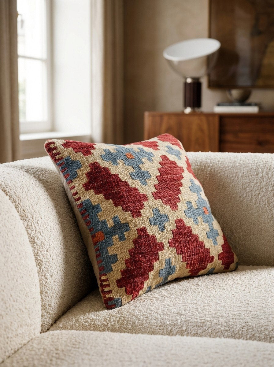 Kelim Kissen — Handgefertigt, 40x40 cm, Bunt, 100% Virgin Wool | Detail view