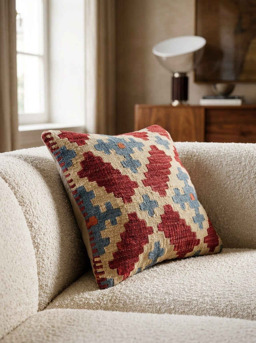 Kelim Kissen — Handmade, 40x40 cm, Multicolor, 100% Virgin Wool | Detail view