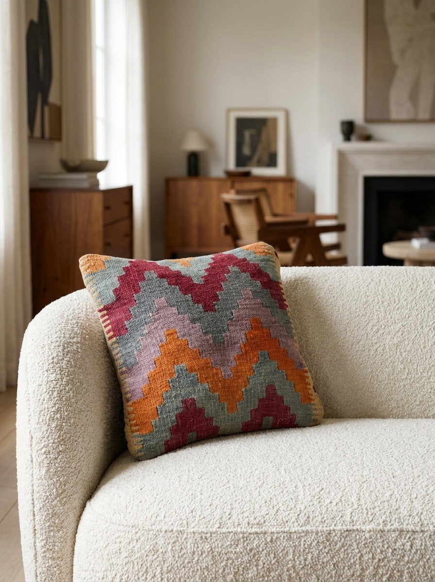 Kelim Kissen — Handgefertigt, 40x40 cm, Bunt, 100% Virgin Wool | Detail view