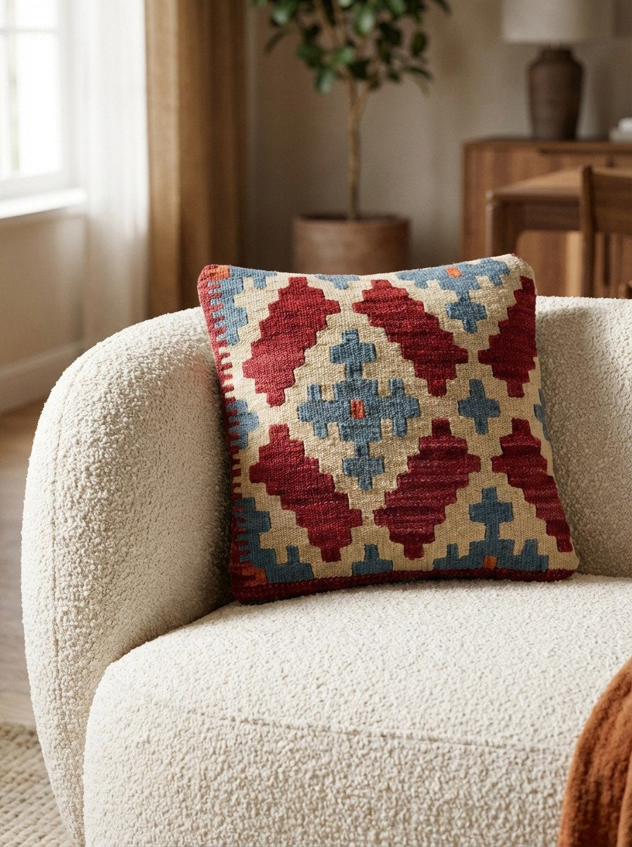 Kelim Kissen — Handgefertigt, 40x40 cm, Bunt, 100% Virgin Wool | Detail view