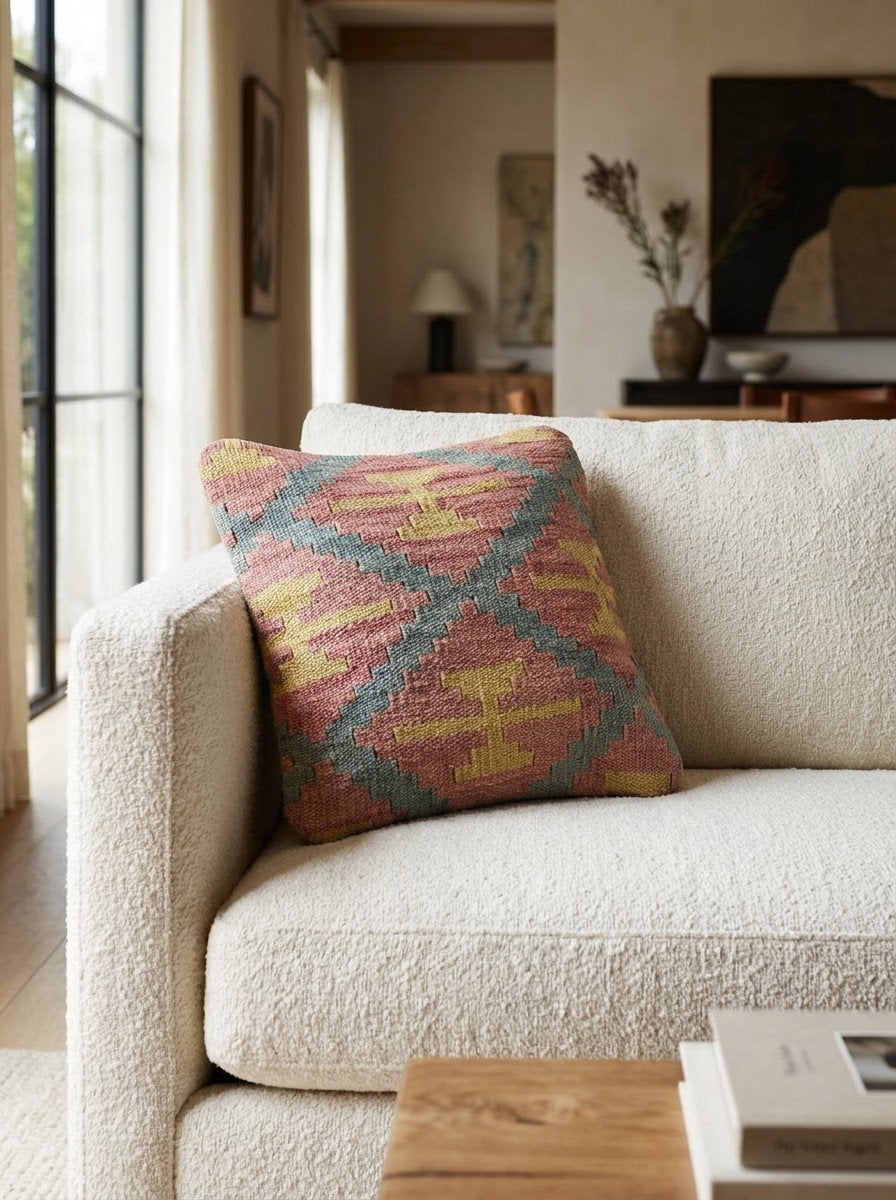 Kelim Kissen — Handgefertigt, 40x40 cm, Bunt, 100% Virgin Wool | Detail view