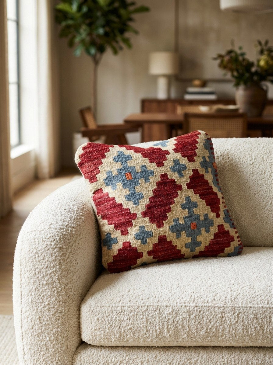 Kelim Kissen — Handgefertigt, 40x40 cm, Bunt, 100% Virgin Wool | Detail view