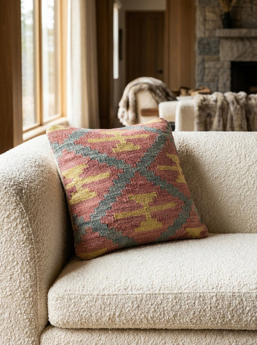 Kelim Kissen — Handgefertigt, 40x40 cm, Bunt, 100% Virgin Wool | Detail view