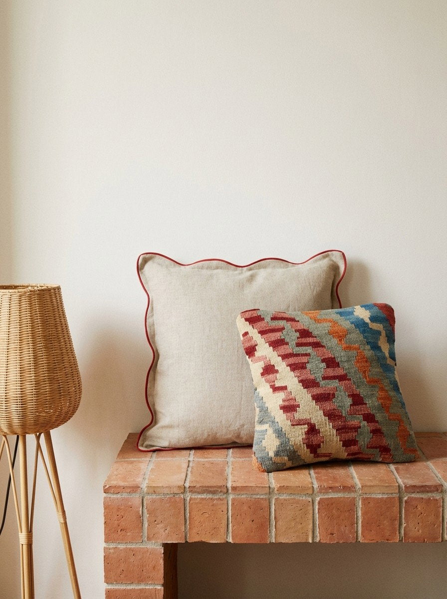 Kelim Kissen — Handgefertigt, 40x40 cm, Bunt, 100% Virgin Wool | Detail view