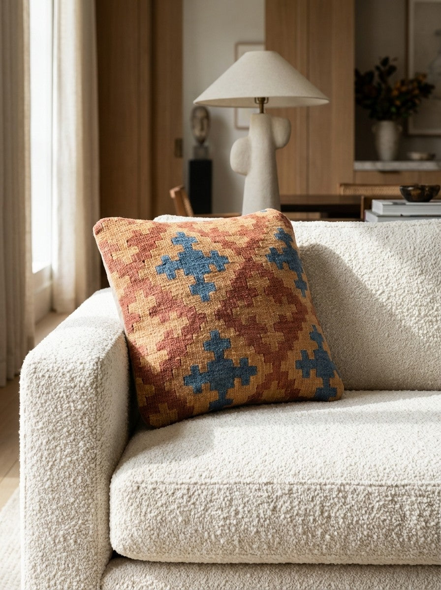 Kelim Kissen — Handmade, 40x40 cm, Multicolor, 100% Virgin Wool | Detail view
