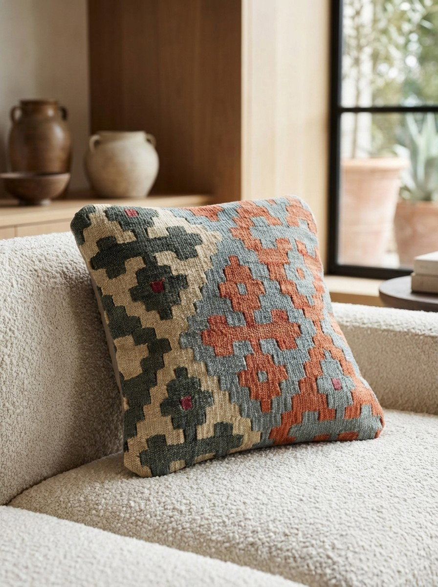 Kelim Kissen — Handgefertigt, 40x40 cm, Bunt, 100% Virgin Wool | Detail view