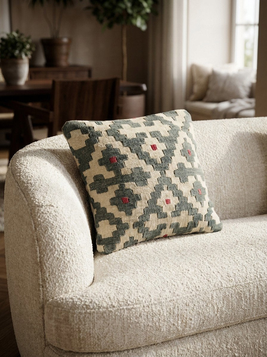 Kelim Kissen — Handgefertigt, 40x40 cm, Bunt, 100% Virgin Wool | Detail view