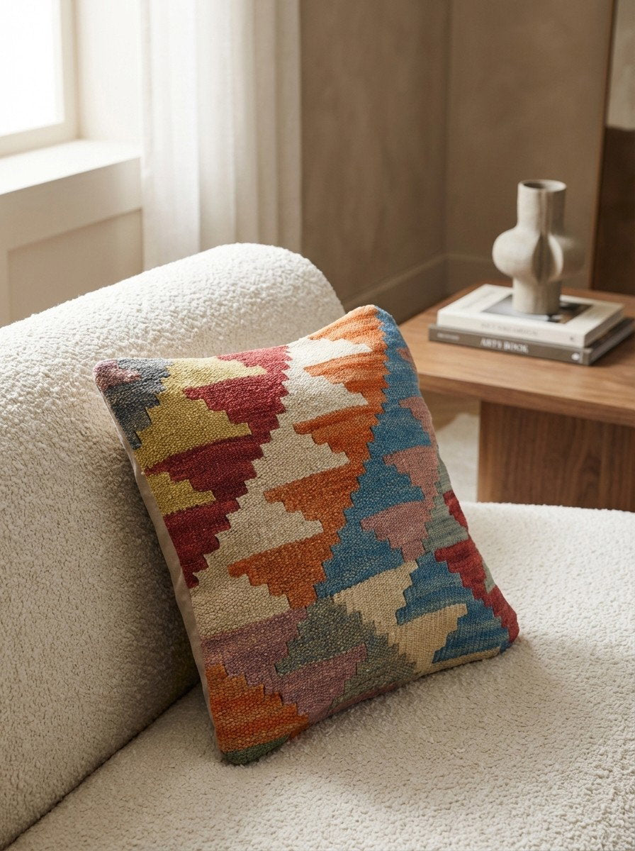 Kelim Kissen — Handgefertigt, 40x40 cm, Bunt, 100% Virgin Wool | Detail view