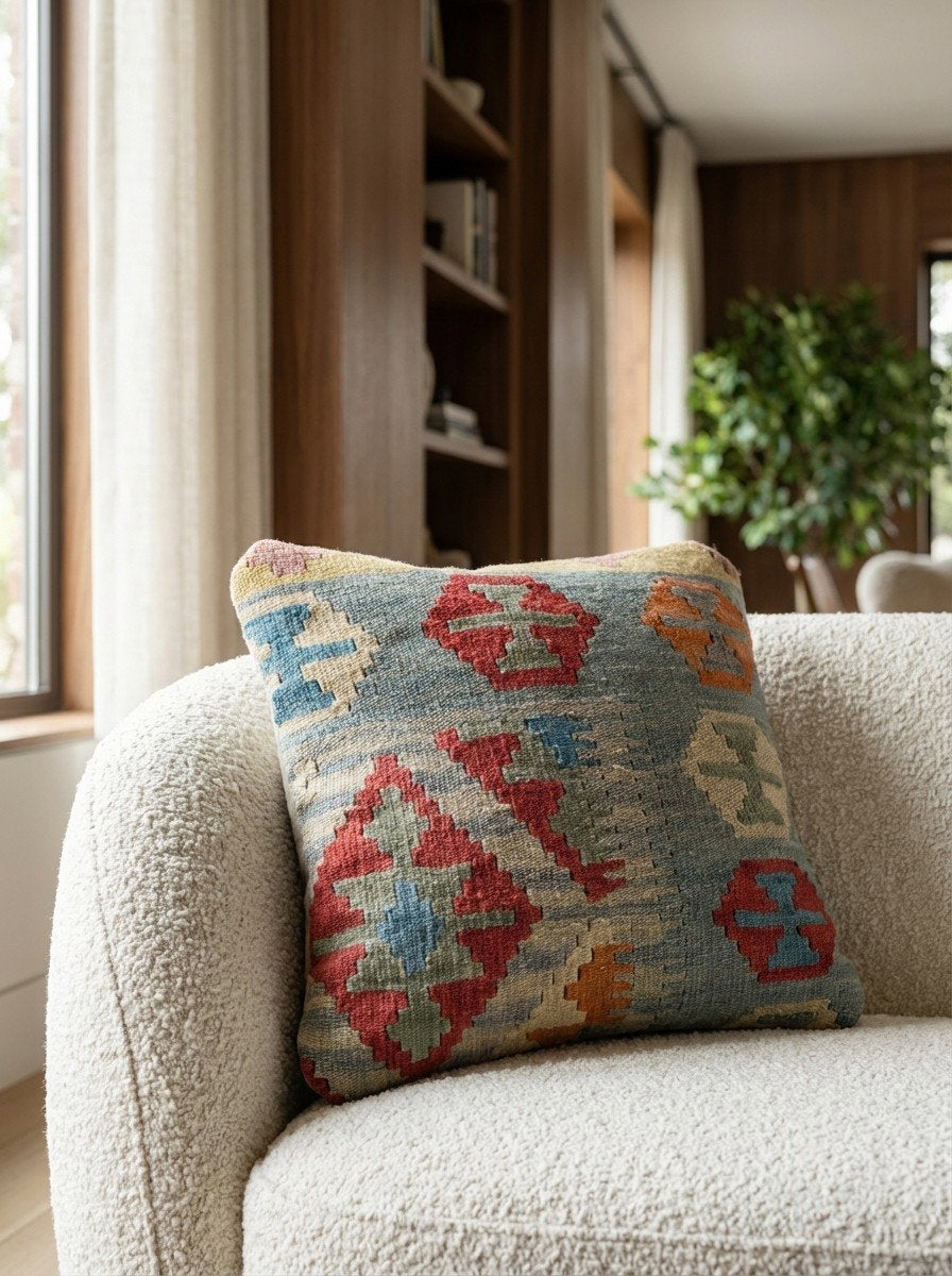 Kelim Kissen — Handgefertigt, 40x40 cm, Bunt, 100% Virgin Wool | Detail view