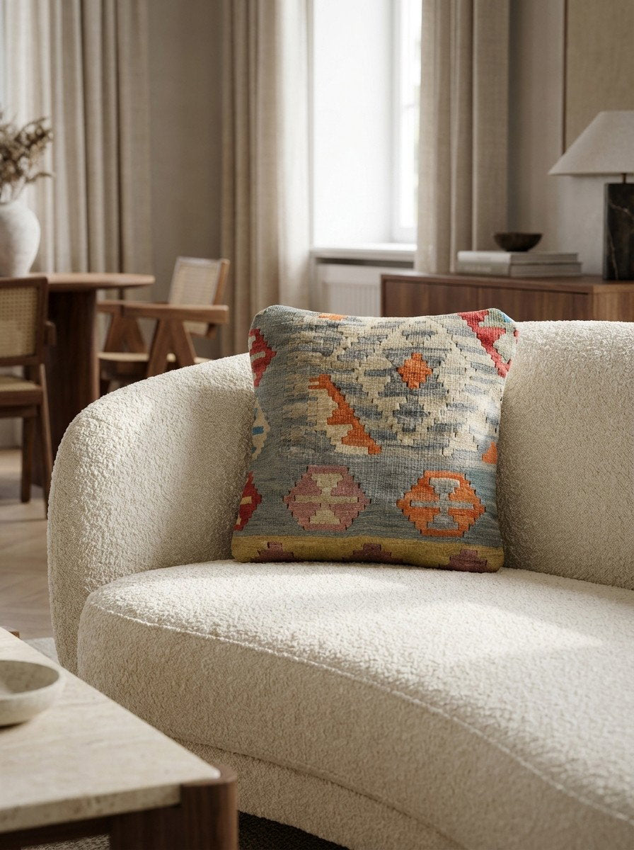 Kelim Kissen — Handgefertigt, 40x40 cm, Bunt, 100% Virgin Wool | Detail view