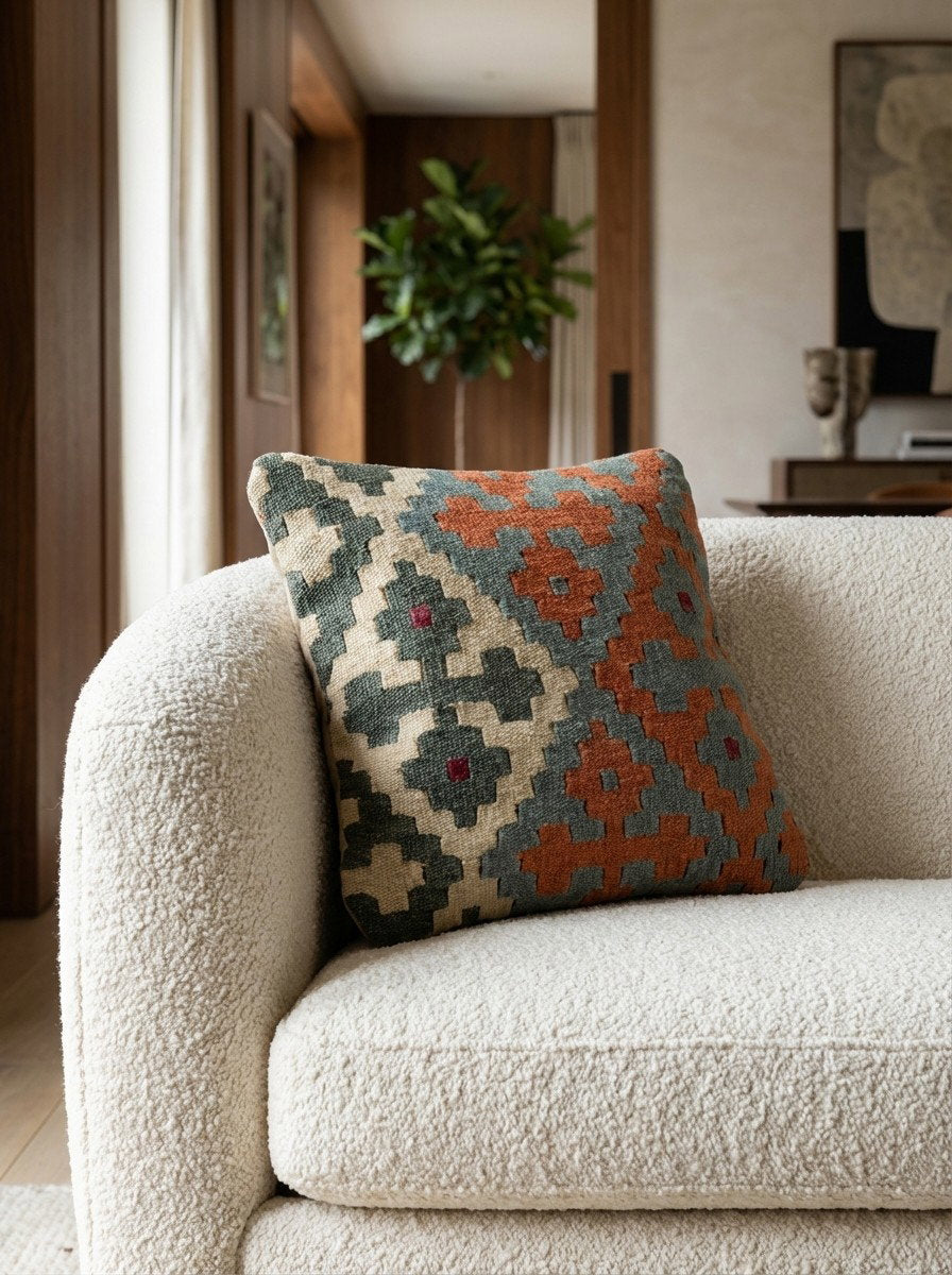 Kelim Kissen — Handgefertigt, 40x40 cm, Bunt, 100% Virgin Wool | Detail view