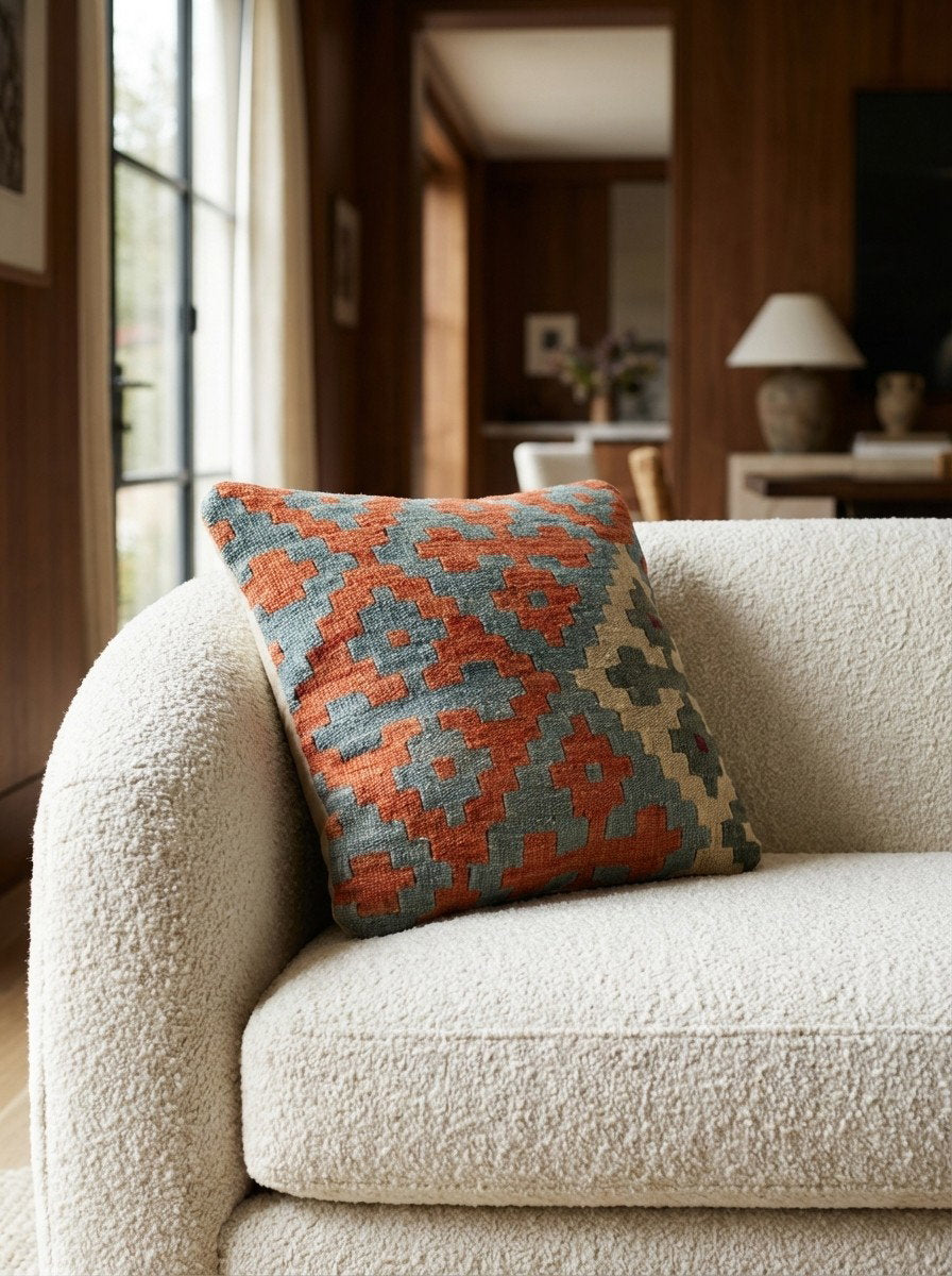 Kelim Kissen — Handgefertigt, 40x40 cm, Bunt, 100% Virgin Wool | Detail view