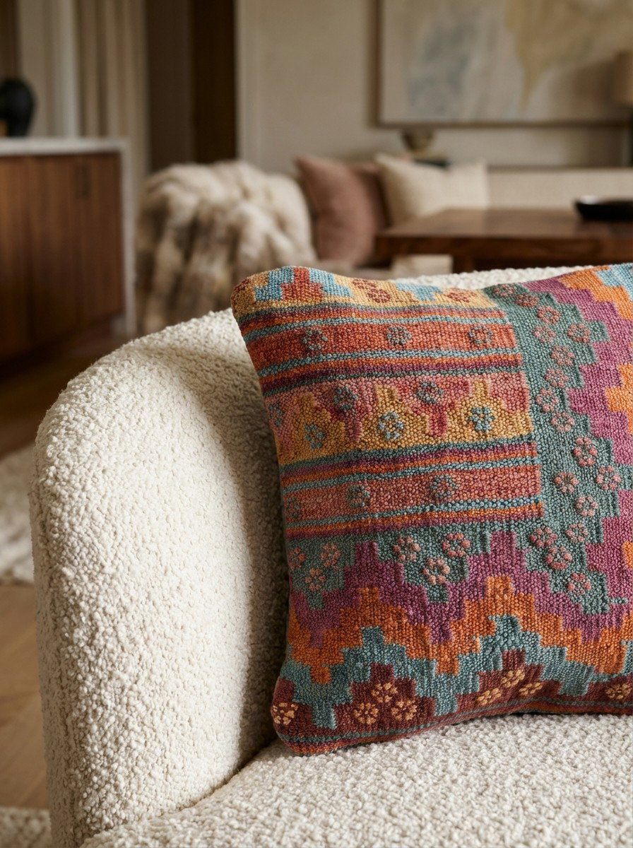 Kelim Kissen — Handgefertigt, 40x40 cm, Bunt, 100% Virgin Wool | Detail view