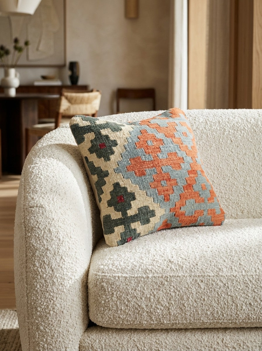 Kelim Kissen — Handmade, 40x40 cm, Multicolor, 100% Virgin Wool | Detail view