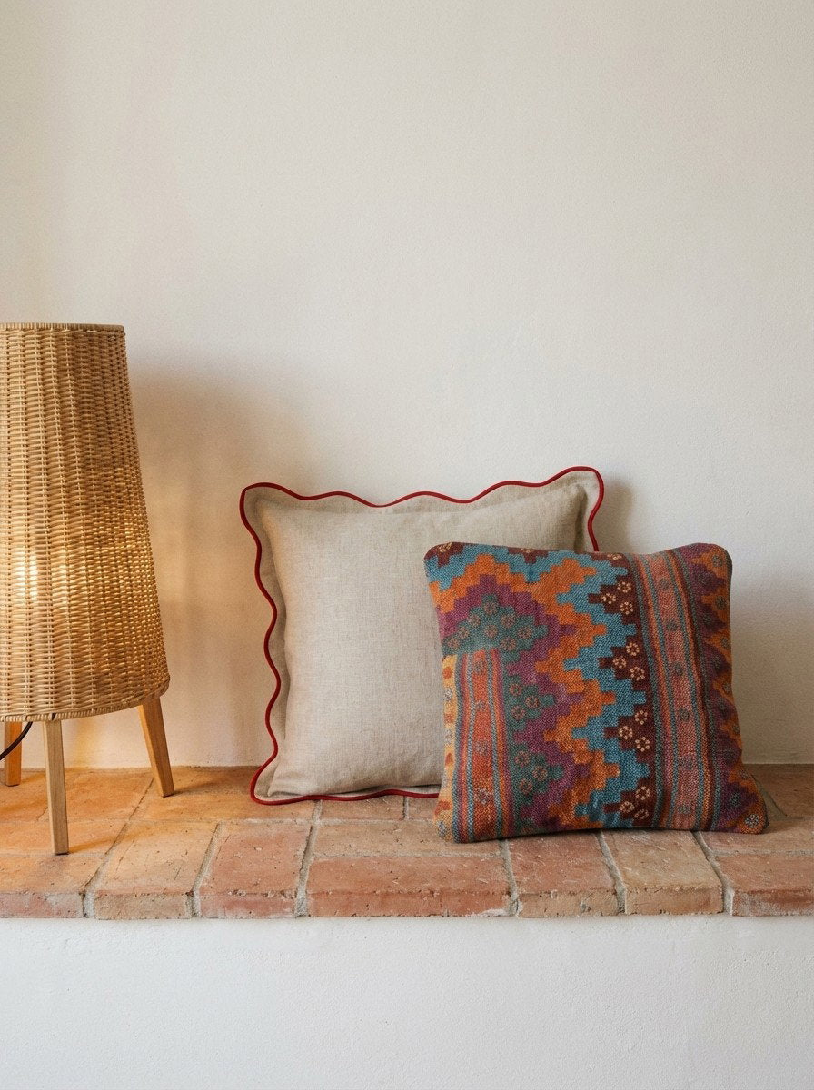 Kelim Kissen — Handgefertigt, 40x40 cm, Bunt, 100% Virgin Wool | Detail view