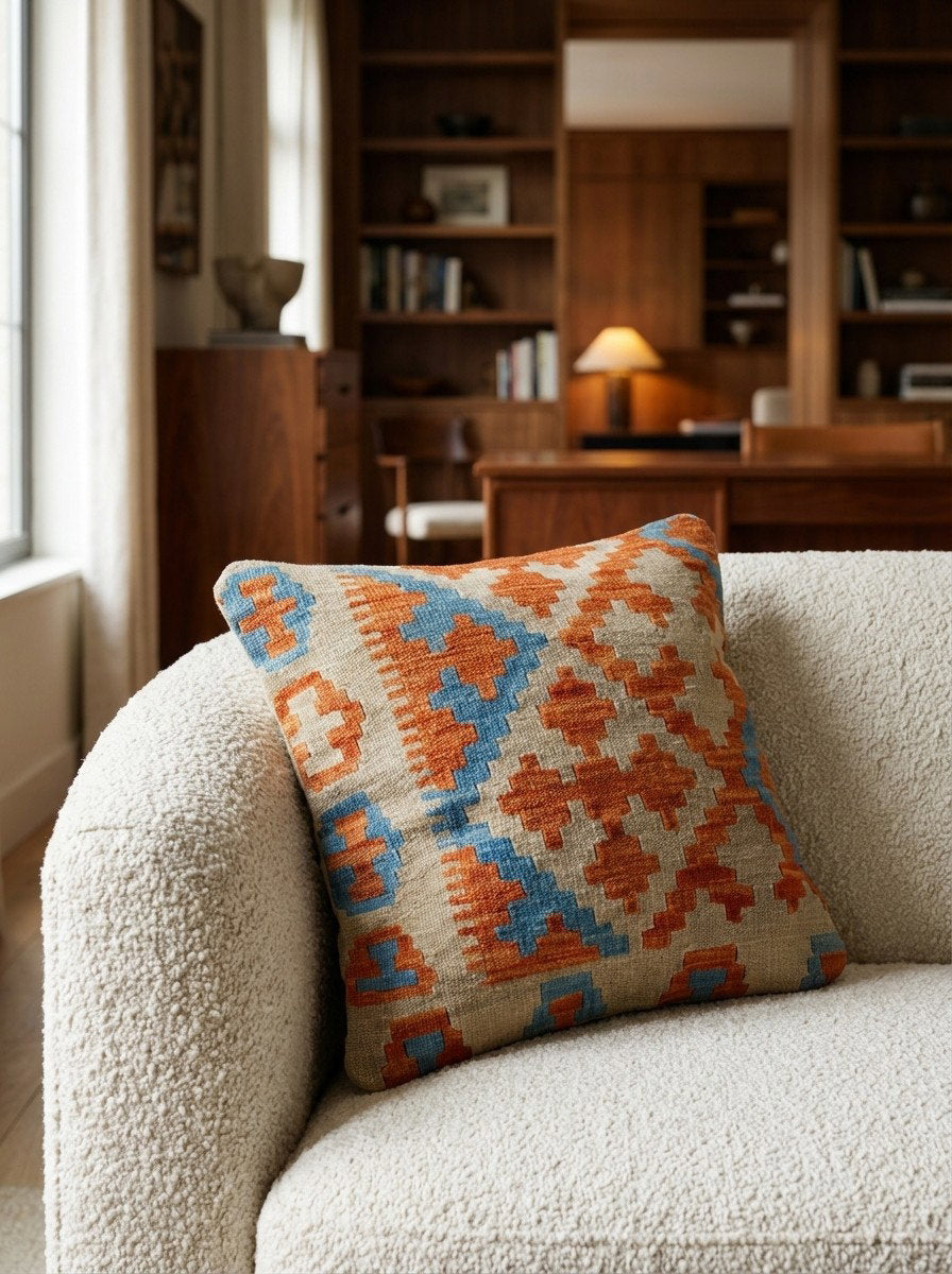 Kelim Kissen — Handgefertigt, 50x50 cm, Bunt, 100% Virgin Wool | Detail view