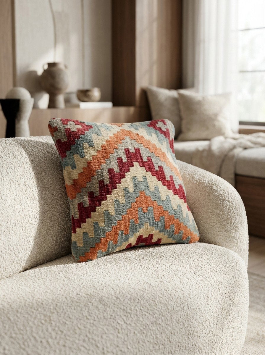 Kelim Kissen — Handgefertigt, 50x50 cm, Bunt, 100% Virgin Wool | Detail view