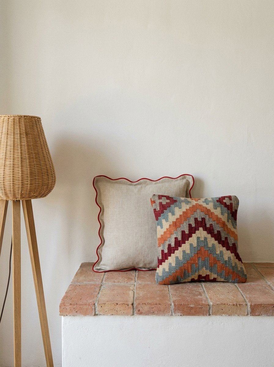 Kelim Kissen — Handgefertigt, 50x50 cm, Bunt, 100% Virgin Wool | Back view