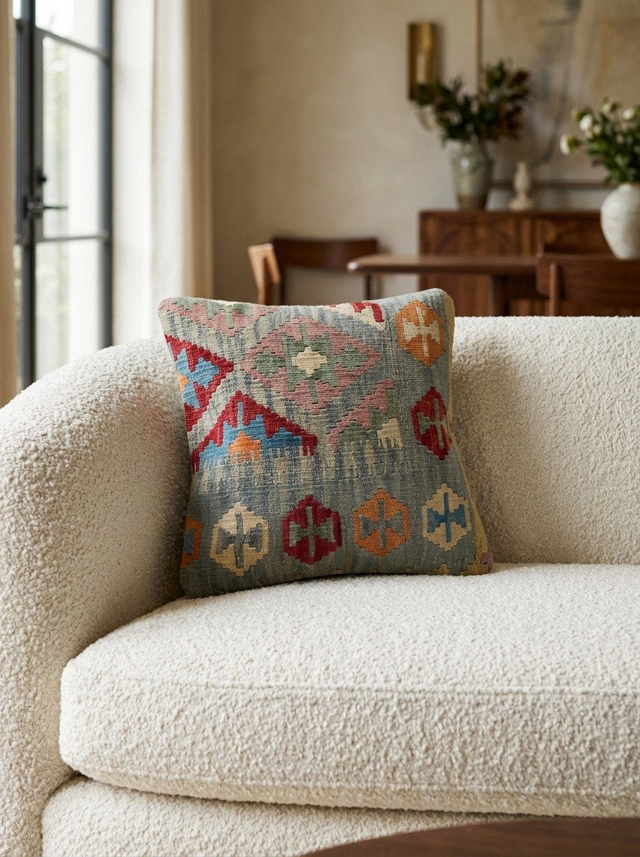 Kelim Kissen — Handgefertigt, 50x50 cm, Bunt, 100% Virgin Wool | Detail view