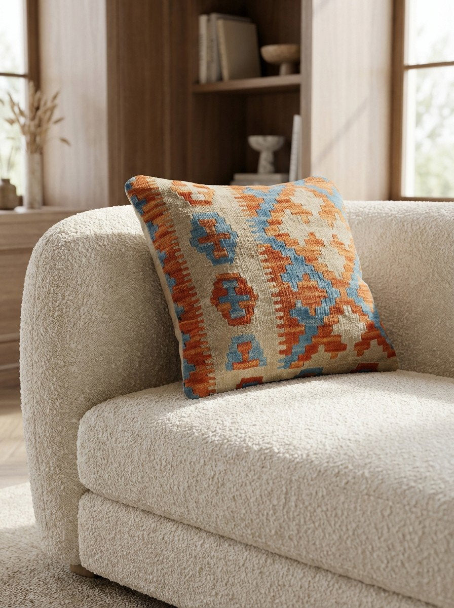 Kelim Kissen — Handgefertigt, 50x50 cm, Bunt, 100% Virgin Wool | Detail view