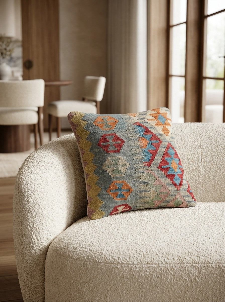 Kelim Kissen — Handmade, 50x50 cm, Multicolor, 100% Virgin Wool | Detail view
