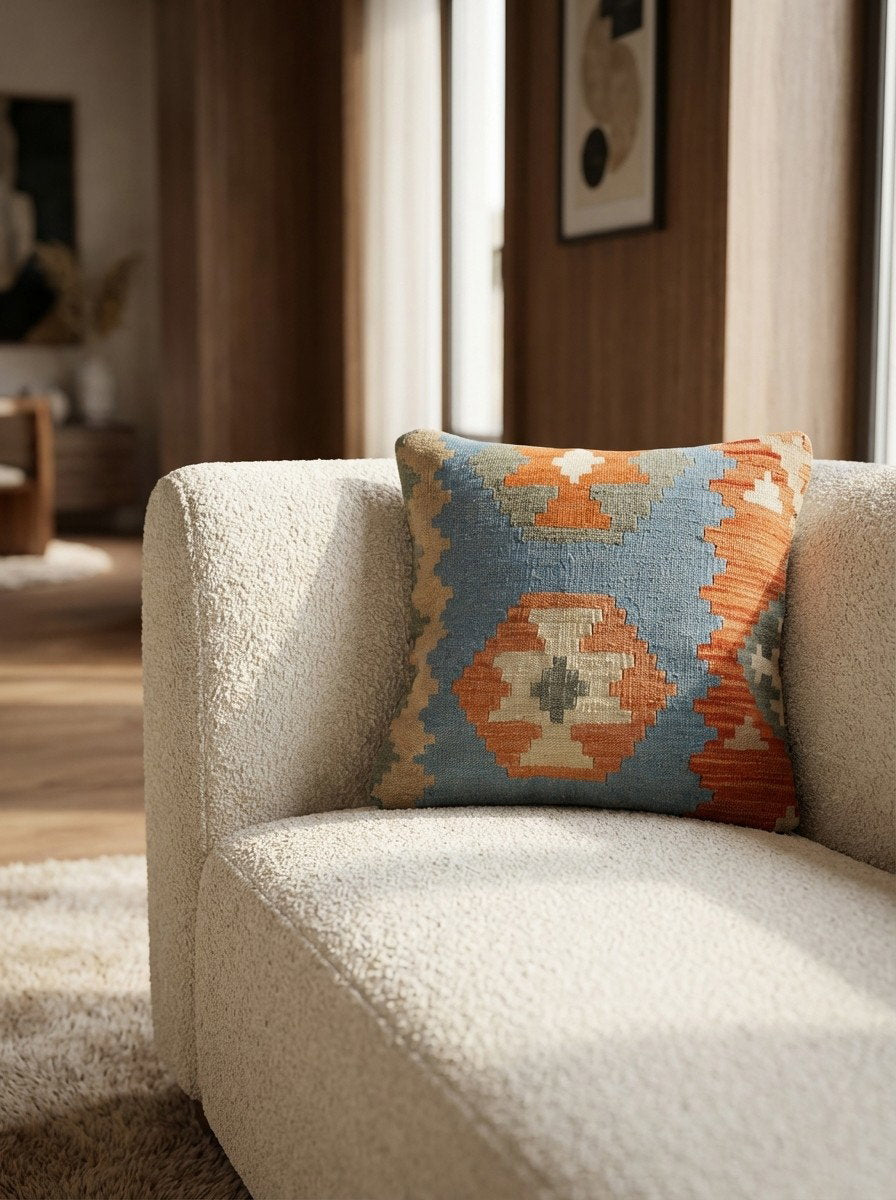 Kelim Kissen — Handgefertigt, 50x50 cm, Bunt, 100% Virgin Wool | Detail view