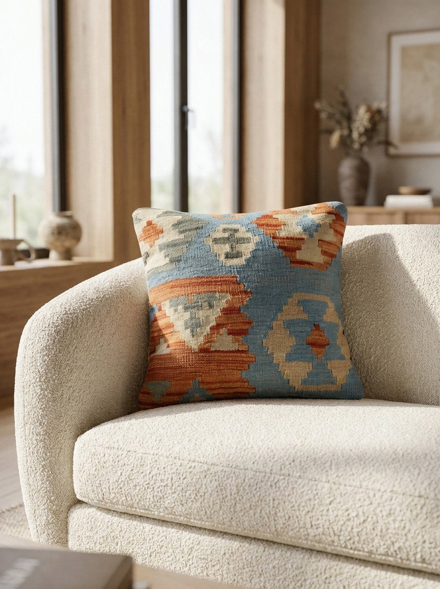 Kelim Kissen — Handgefertigt, 50x50 cm, Bunt, 100% Virgin Wool | Detail view