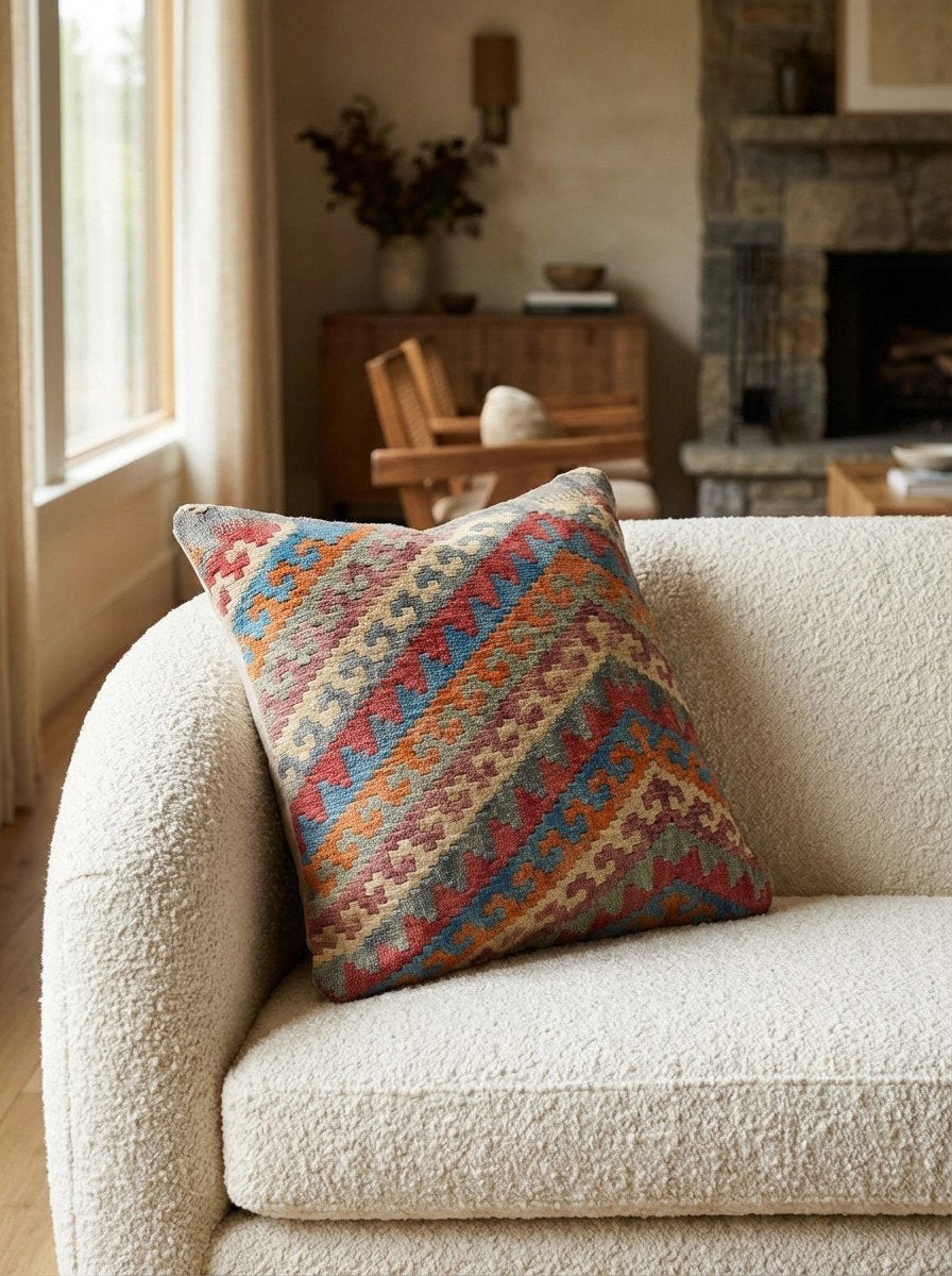 Kelim Kissen — Handgefertigt, 50x50 cm, Bunt, 100% Virgin Wool | Detail view
