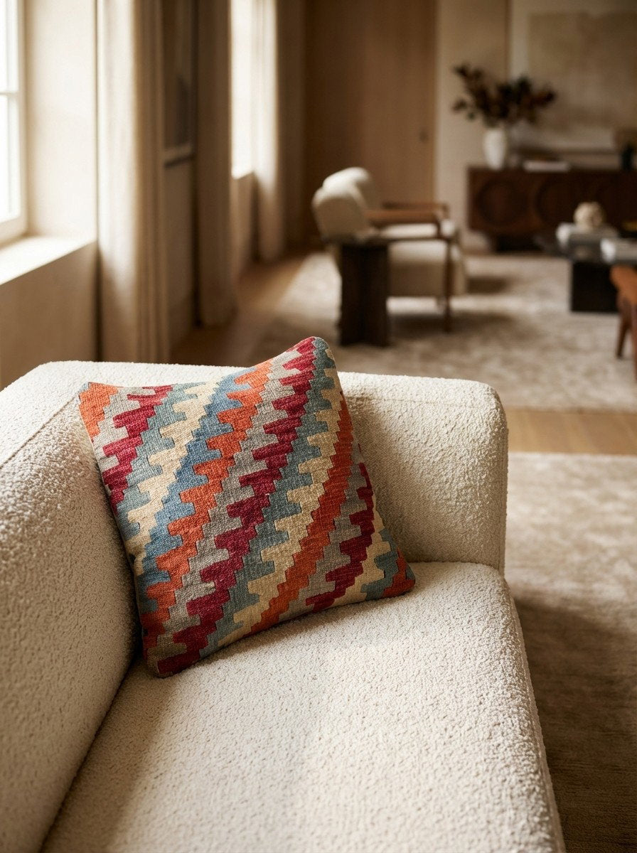 Kelim Kissen — Handgefertigt, 50x50 cm, Bunt, 100% Virgin Wool | Detail view