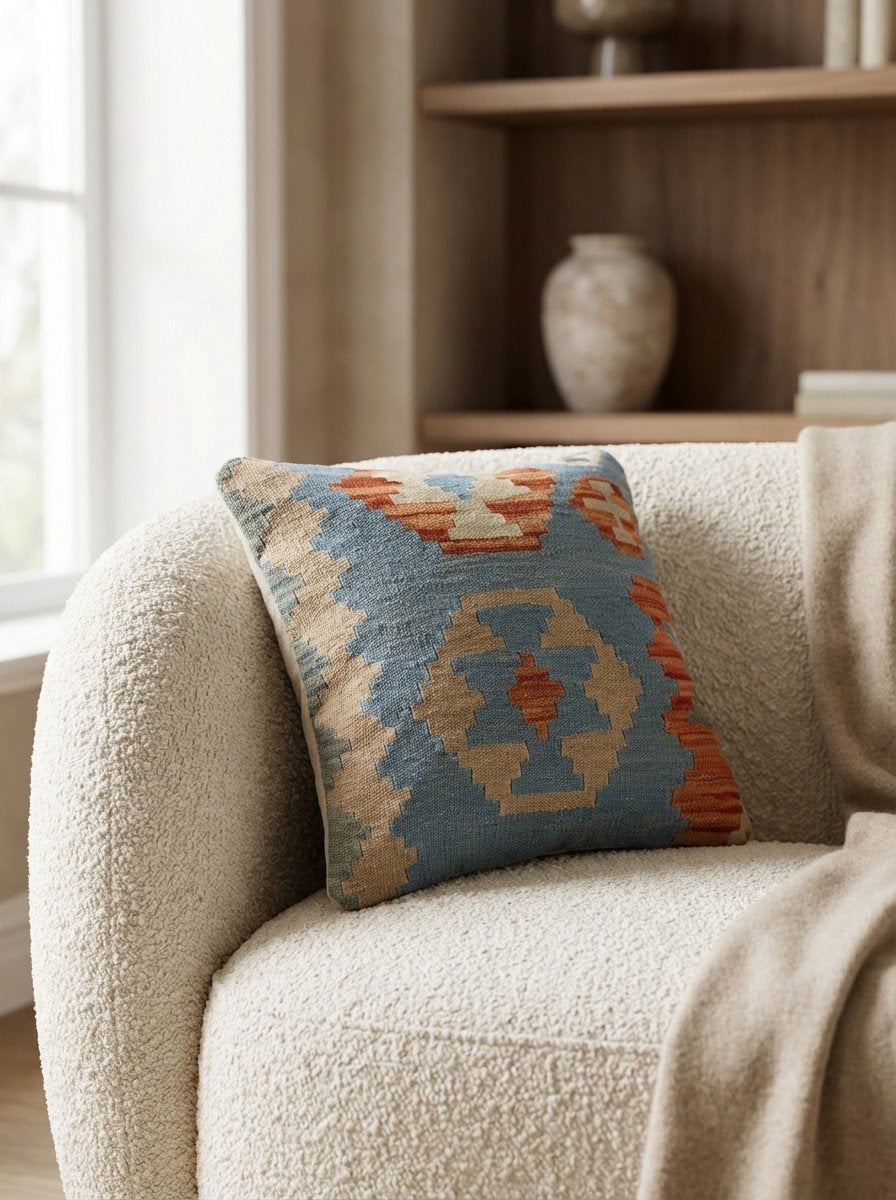 Kelim Kissen — Handgefertigt, 50x50 cm, Bunt, 100% Virgin Wool | Detail view