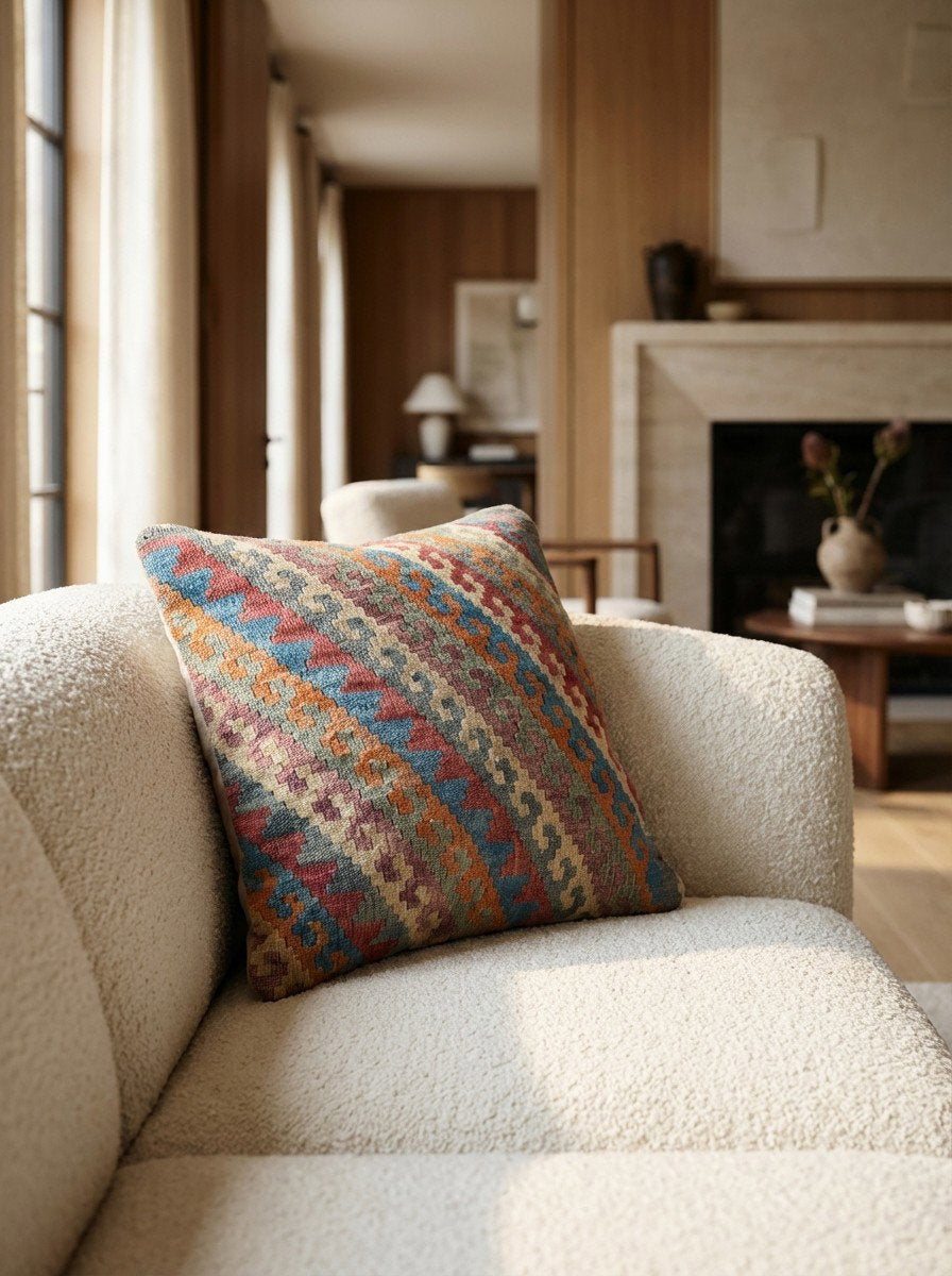 Kelim Kissen — Handgefertigt, 50x50 cm, Bunt, 100% Virgin Wool | Detail view