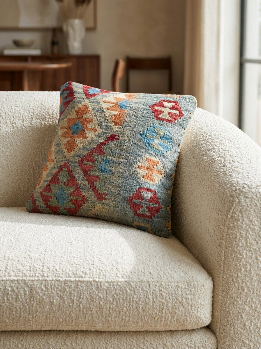 Kelim Kissen — Handgefertigt, 50x50 cm, Bunt, 100% Virgin Wool | Detail view