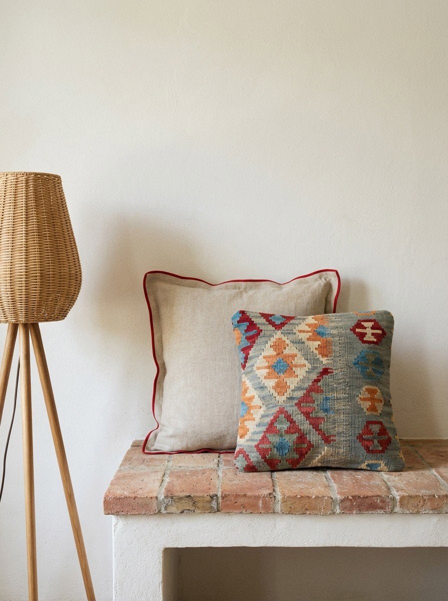 Kelim Kissen — Handgefertigt, 50x50 cm, Bunt, 100% Virgin Wool | Back view