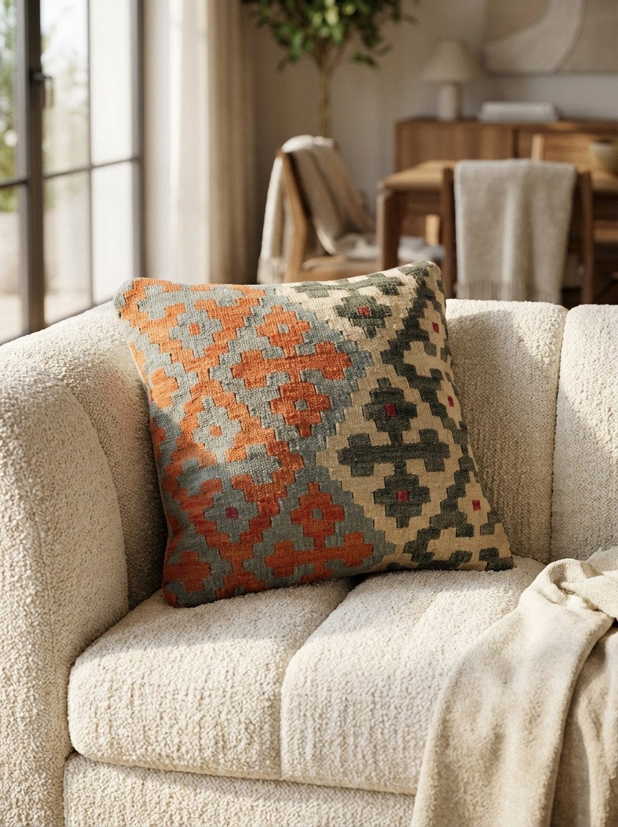 Kelim Kissen — Handgefertigt, 50x50 cm, Bunt, 100% Virgin Wool | Detail view