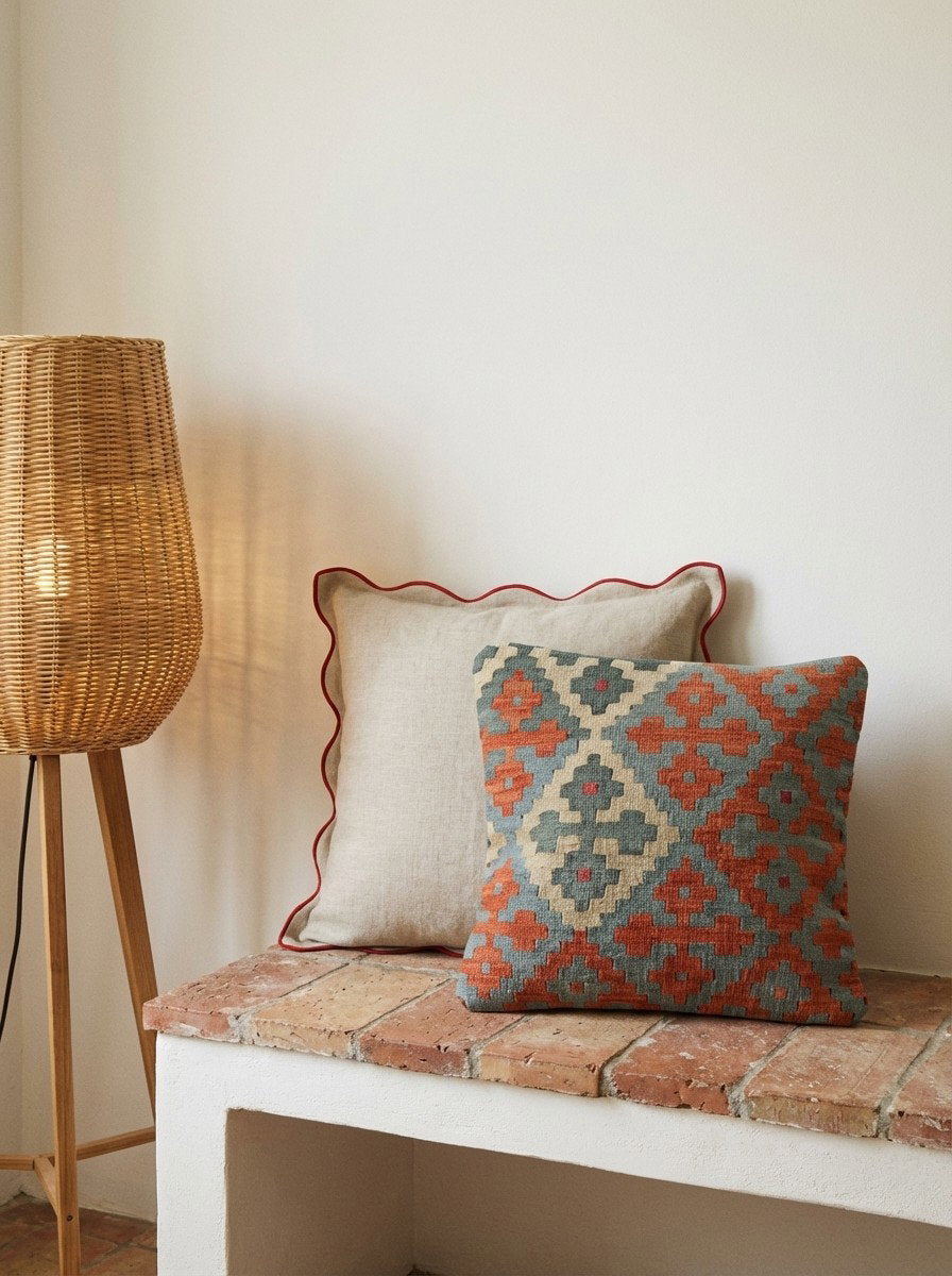 Kelim Kissen — Handgefertigt, 50x50 cm, Bunt, 100% Virgin Wool | Detail view