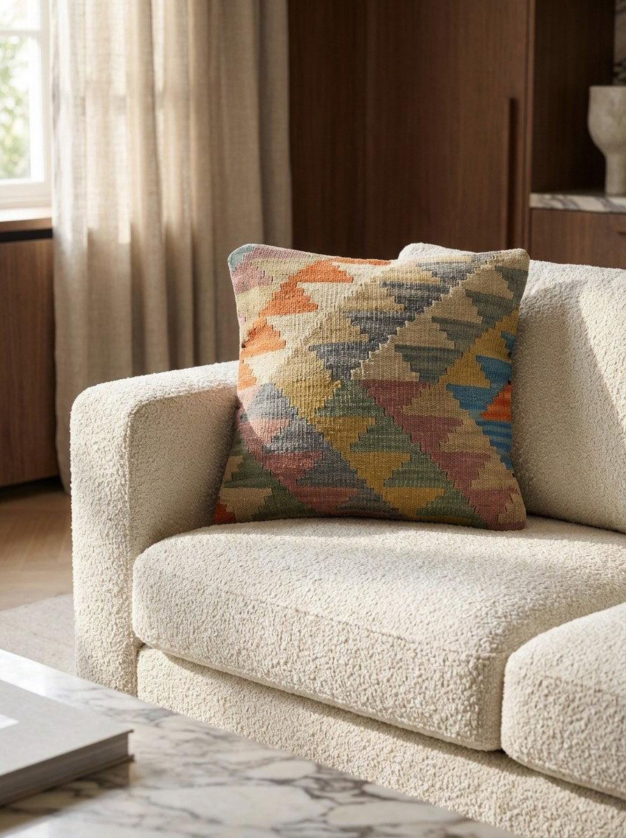 Kelim Kissen — Handgefertigt, 50x50 cm, Bunt, 100% Virgin Wool | Detail view