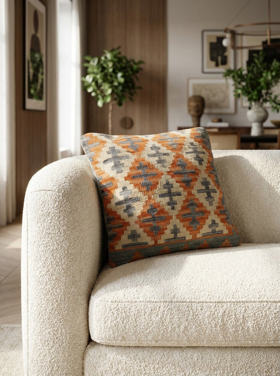 Kelim Kissen — Handgefertigt, 65x65 cm, Bunt, 100% Virgin Wool | Detail view