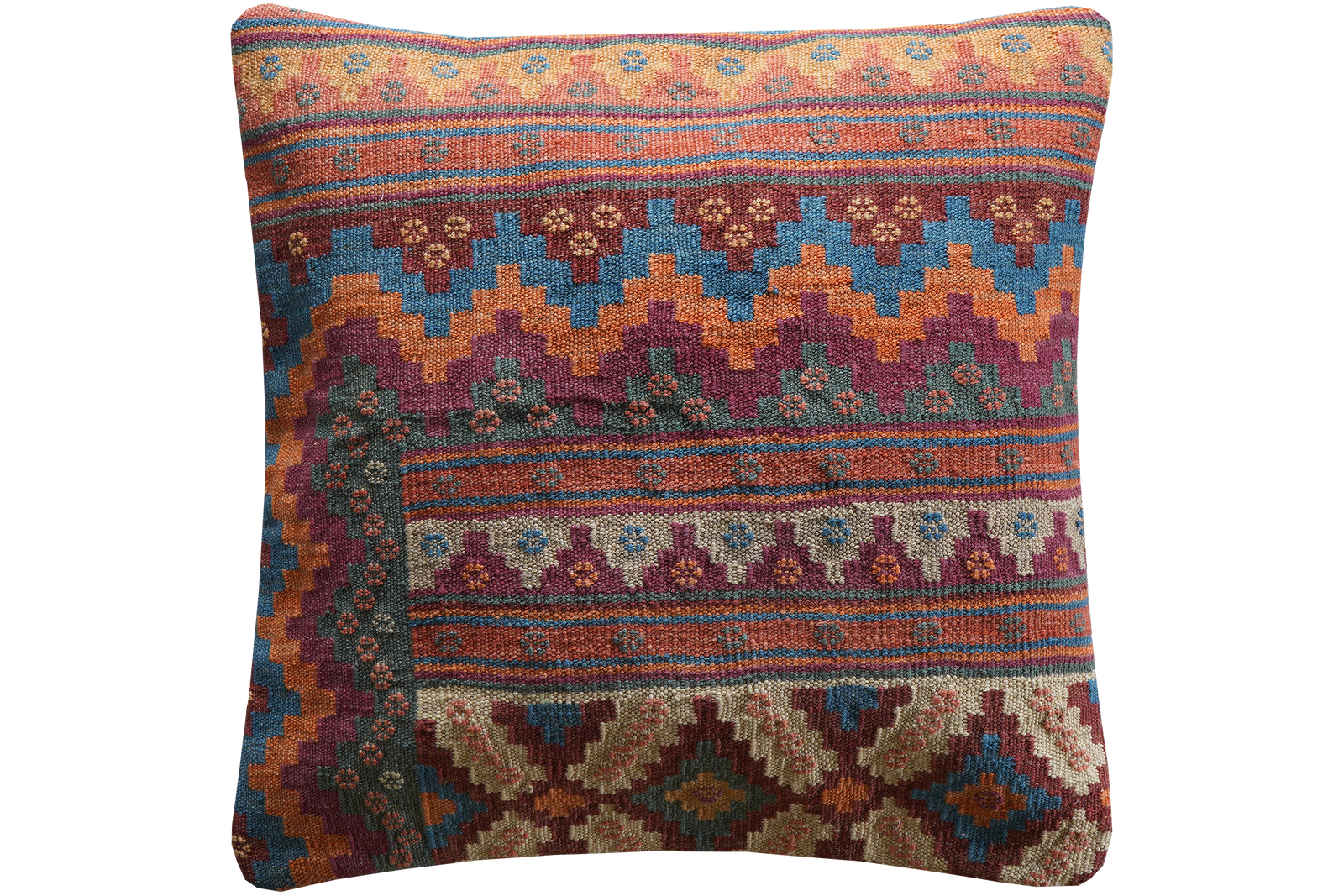 Kelim Kissen — Handgefertigt, 65x65 cm, Bunt, 100% Virgin Wool | Main view