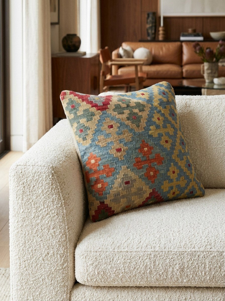 Kelim Kissen — Handgefertigt, 65x65 cm, Bunt, 100% Virgin Wool | Detail view