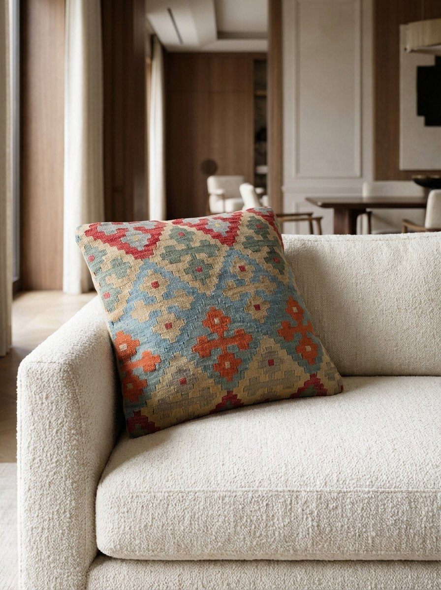 Kelim Kissen — Handgefertigt, 65x65 cm, Bunt, 100% Virgin Wool | Detail view