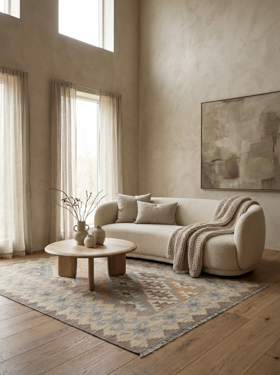Kelim Gashgai — Handmade, 119x178 cm, Grey, 100% Virgin Wool | Detail view