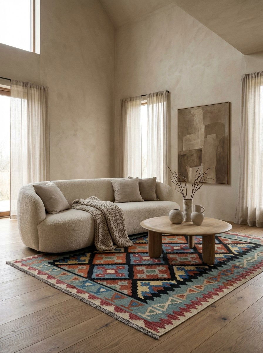 Kelim Gashgai — Handgefertigt, 193x155 cm, Blau, 100% Virgin Wool | Detail view