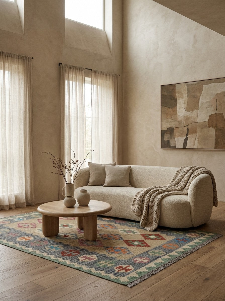 Kelim Gashgai — Handmade, 159x202 cm, Beige, 100% Virgin Wool | Detail view
