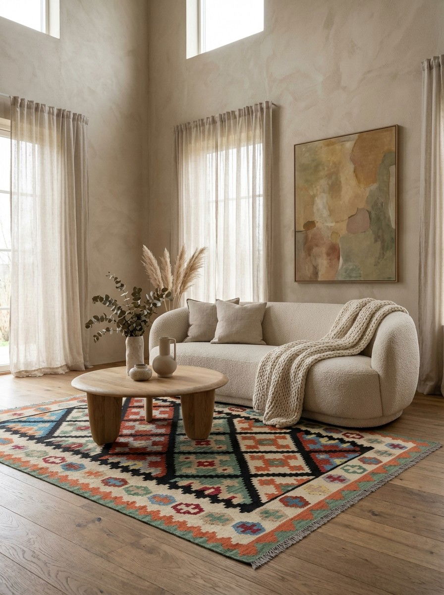 Kelim Gashgai — Handgefertigt, 199x151 cm, Beige, 100% Virgin Wool | Detail view