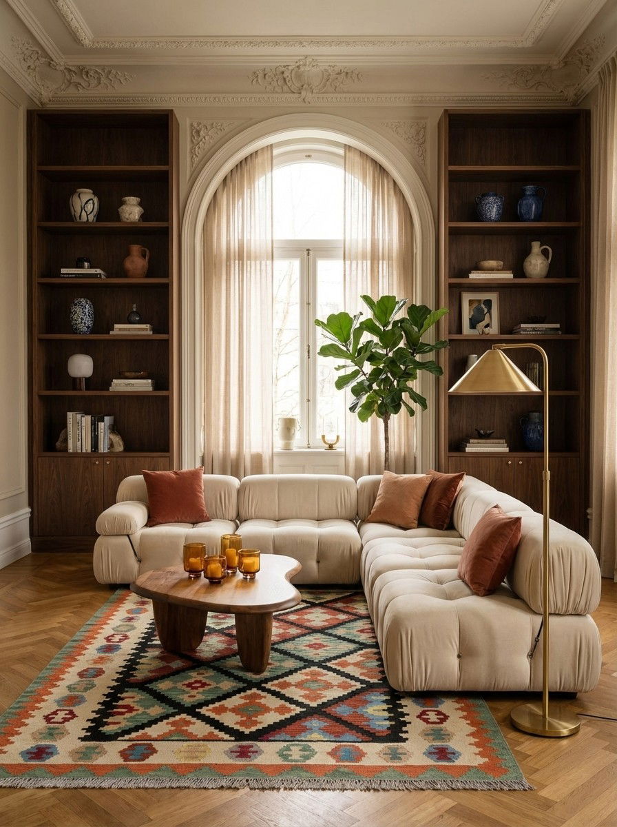 Kelim Gashgai — Handgefertigt, 199x151 cm, Beige, 100% Virgin Wool | Back view