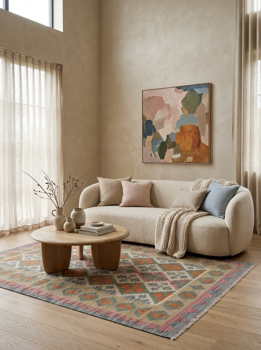 Kelim Gashgai — Handmade, 127x181 cm, Beige, 100% Virgin Wool | Detail view