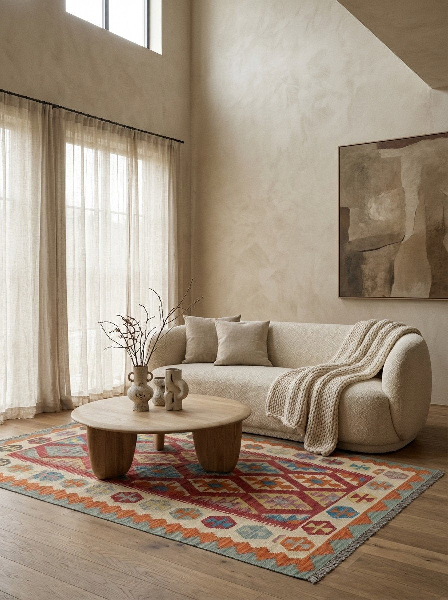 Kelim Gashgai — Handgefertigt, 187x122 cm, Beige, 100% Virgin Wool | Detail view