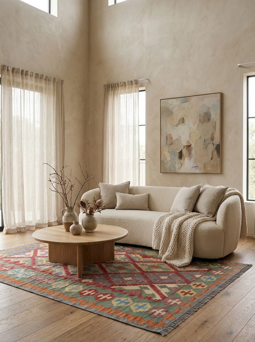 Kelim Gashgai — Handgefertigt, 197x158 cm, Grün, 100% Virgin Wool | Detail view